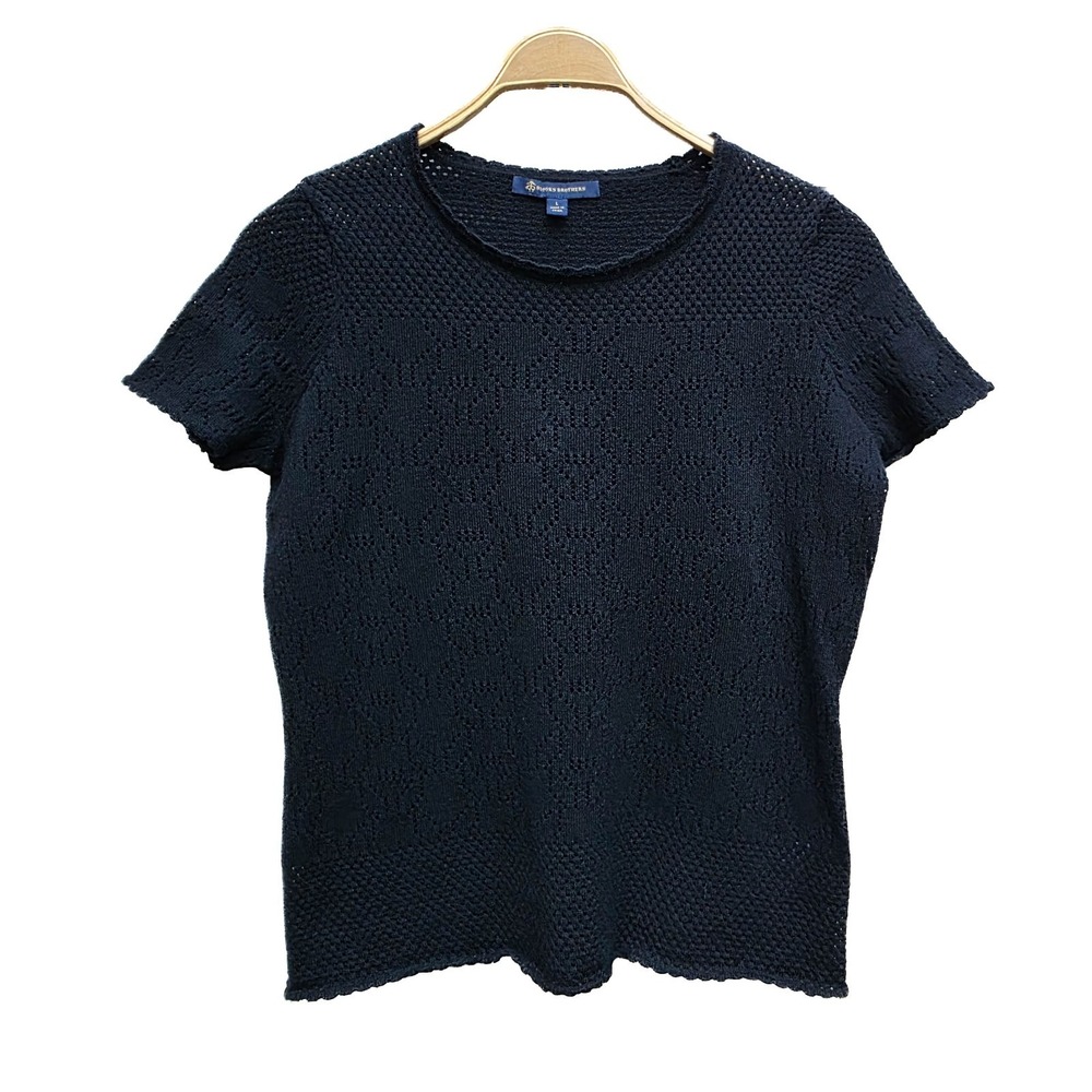 Brooks Brothers Womens L Merino Wool Pointelle Knit Black Short Sleeve Top